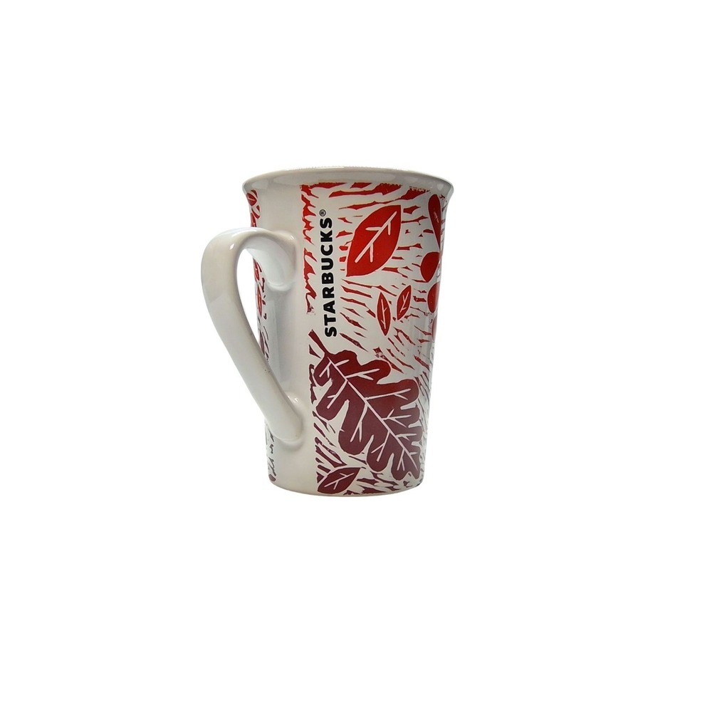 STARBUCKS 11 Oz Autumn Leaves Mug White Red Ceramic Tall Coffee Cup